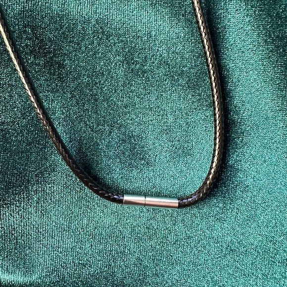 Steampunk Copper + Silver Rhinestone Pendant Necklace on Black Rope - Picture 2 of 2